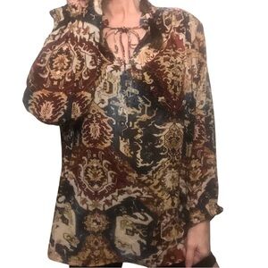 Vtg 90's Chaps Denim Ralph Lauren 2X Blouse Popover Top Persian Print Retro